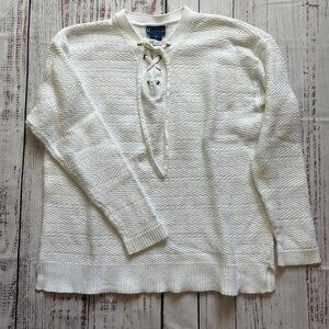 NorthCrest | White Cotton Sweater w/Lace-up Neckline | XL